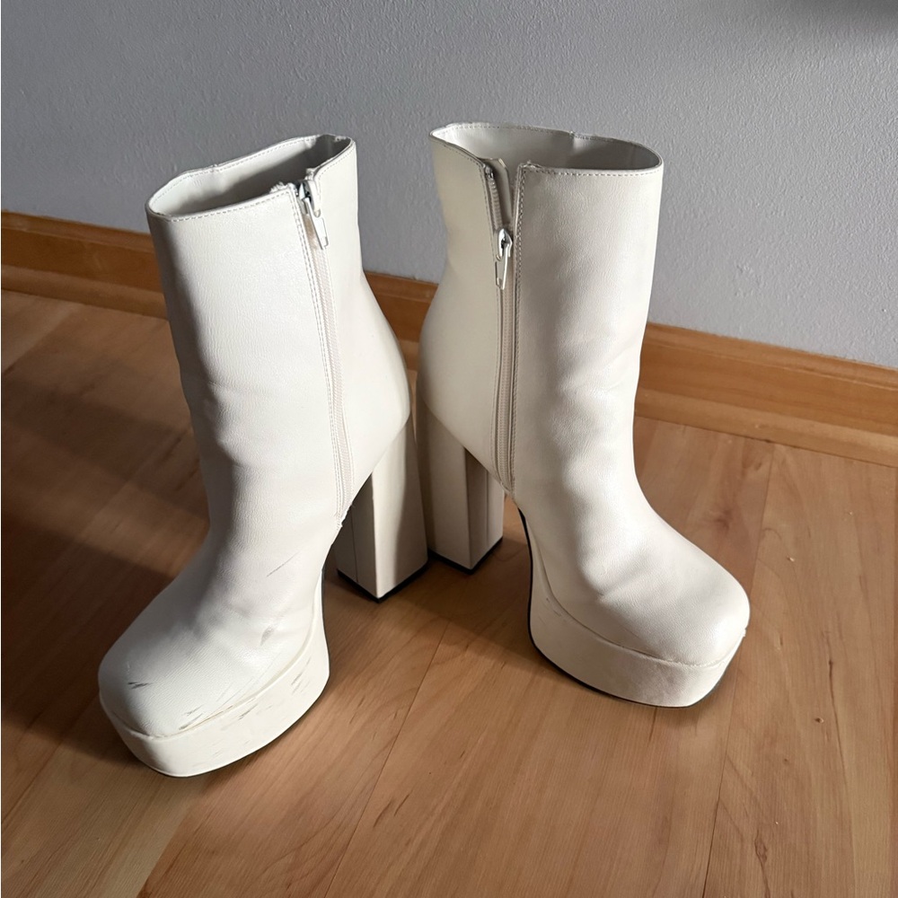 White Platform Faux Leather Ankle Boots